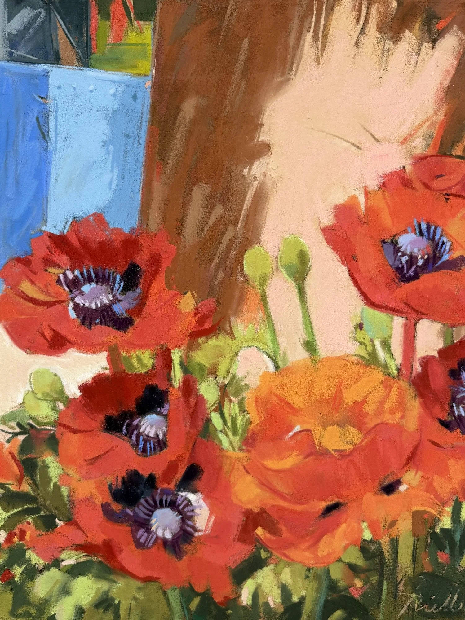   Poppies with Blue Gate, Taos:  pastel image size 16.25” x 12.5”; matted size 20.25” x 16.25” (AW#375) 