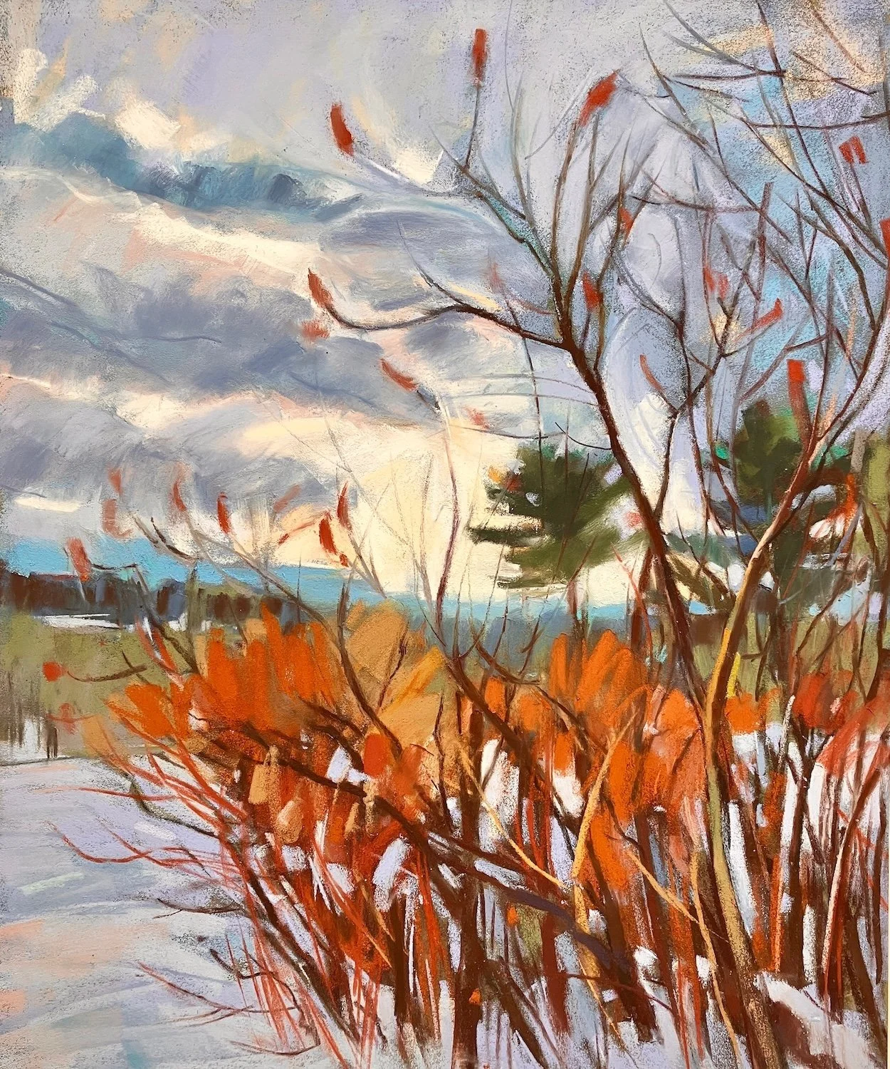   Red Candles of Winter:  pastel image size 16” x 13”; matted &amp; framed size 21” x 18” (AW#368) 
