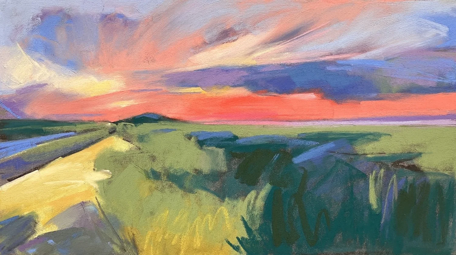   Dune Road Sunset:  pastel image size 6” x 11”; matted &amp; framed size 11” x 16” (AW#333) 