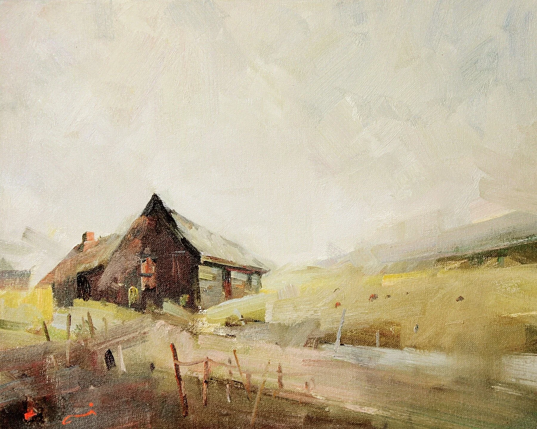 OLD HAY SHED NEAR TOLMIE VIC - 40cm (w) x 50cm (H) - OIL PAINTING on CANVASPrice in HKD - $2,980Price in AUD - $490This is an original artwork, ready to hang, and signed with a certificate of authenticity.Description: The painting captures the atmos…