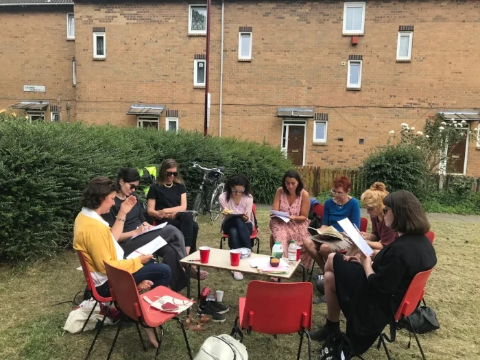 Women Acting Collectively, meeting of the Feminist Duration Reading Group, Mountford Growing Community, London, 2018. Photo: Helena Reckitt