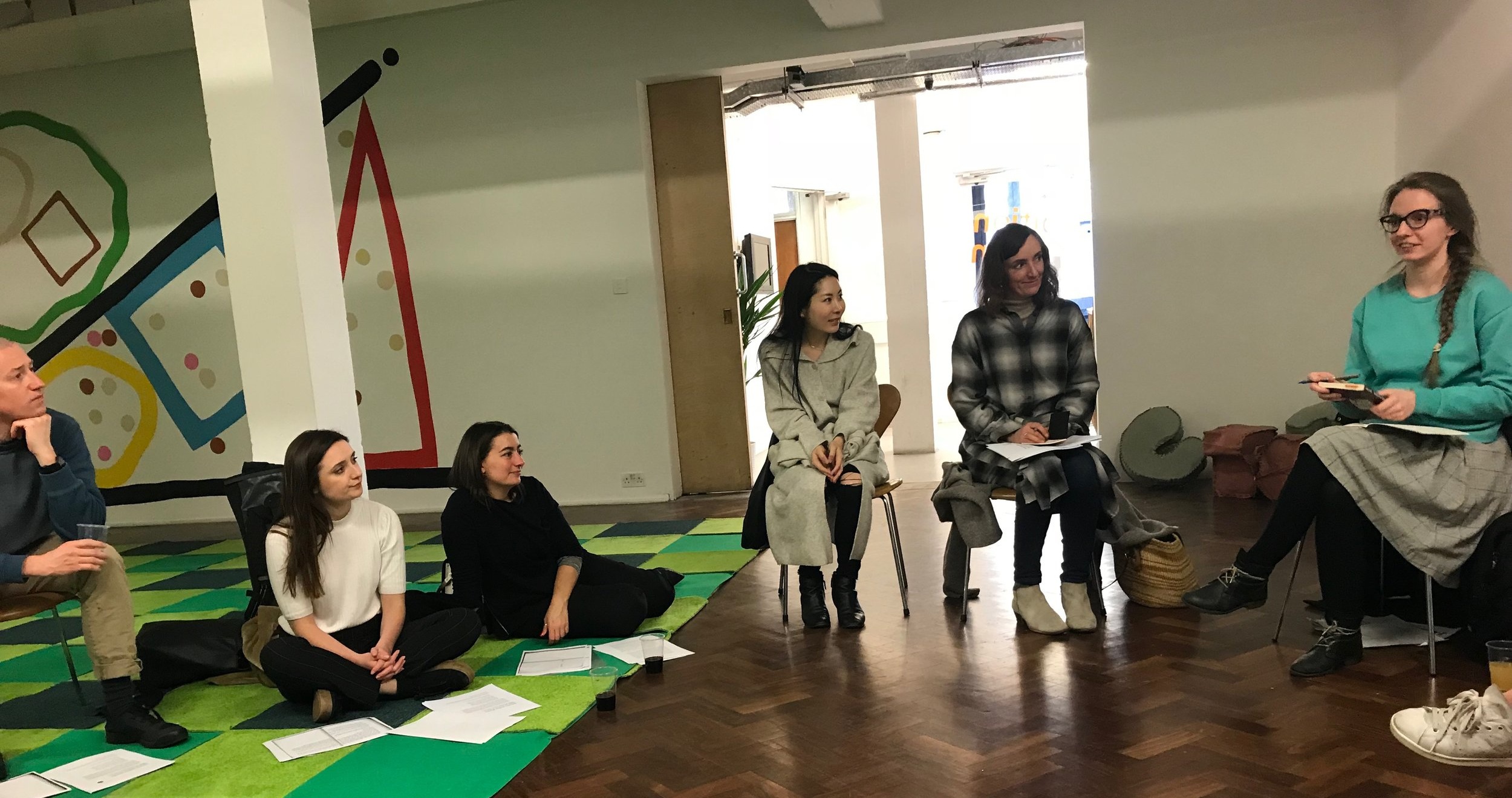 Members of the Feminist Duration Reading Group explore Theresa Hak Kyung Cha’s Dictee in a session led by Morgane Conti (right), 1 May 2018. Photo Helena Reckitt.