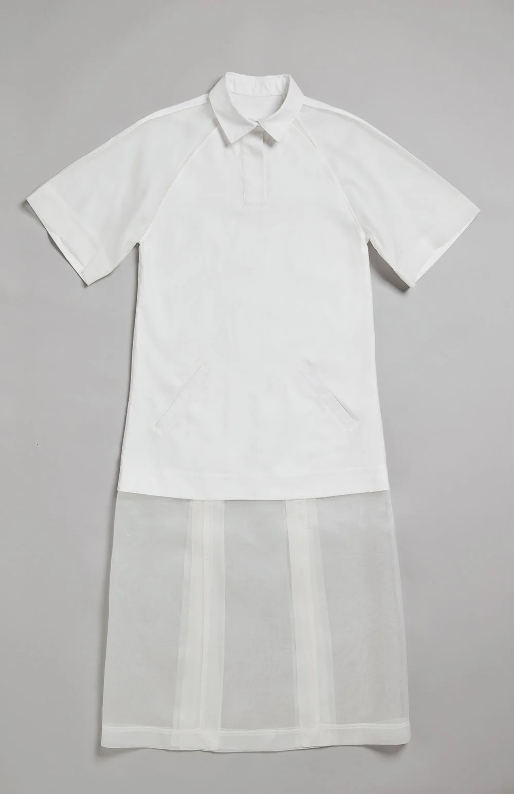 Organic cotton sateen shirt dress with silk organza skirt panels 
