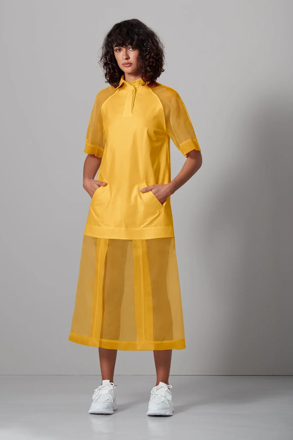 Organic cotton sateen shirt dress with silk organza skirt panels 