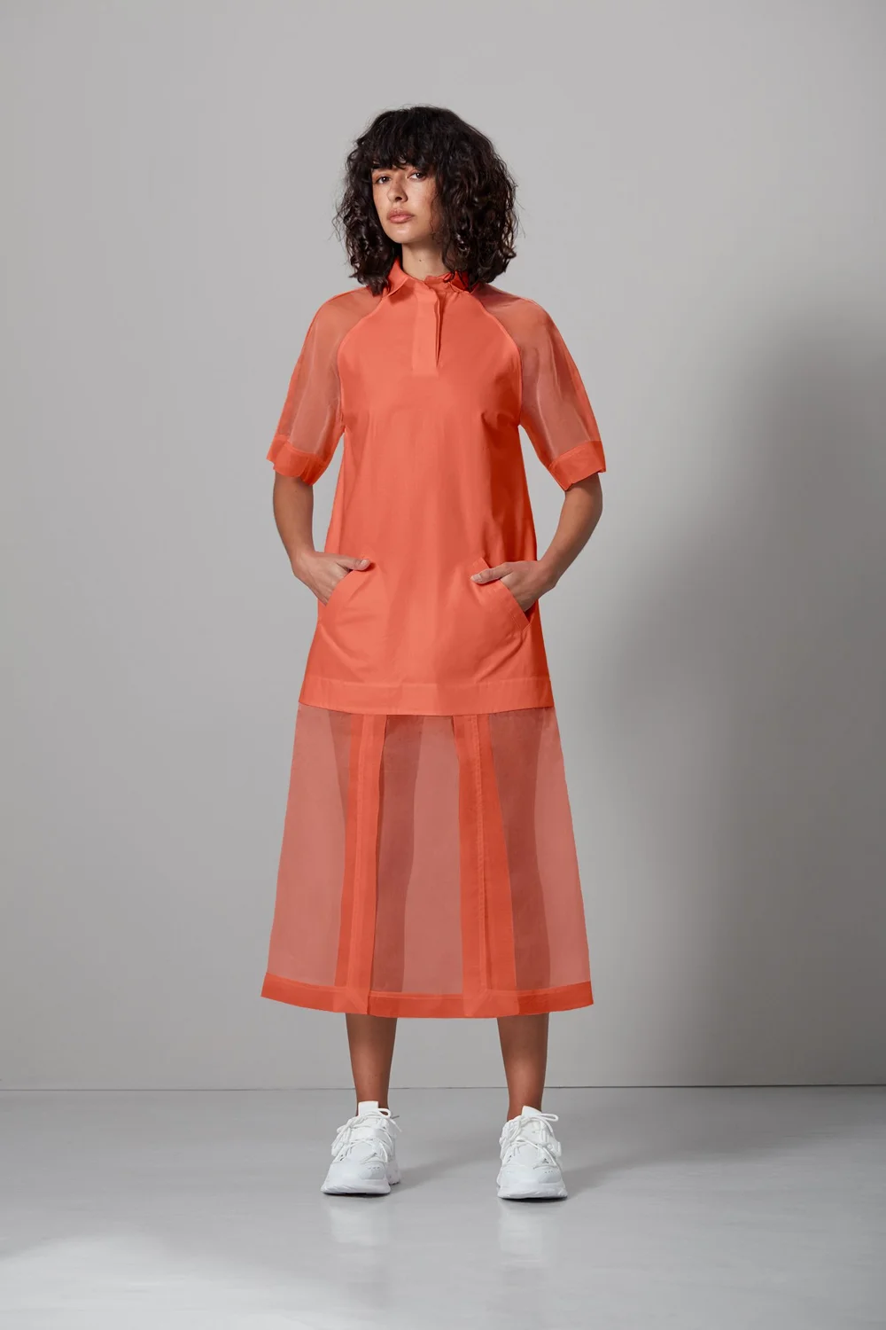 Organic cotton sateen shirt dress with silk organza skirt panels 