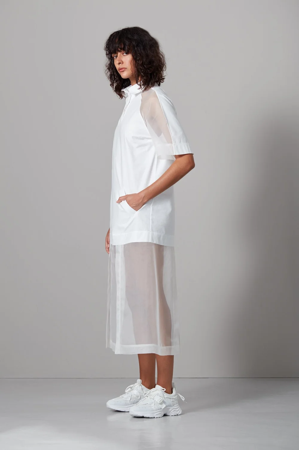 Organic cotton sateen shirt dress with silk organza skirt panels 