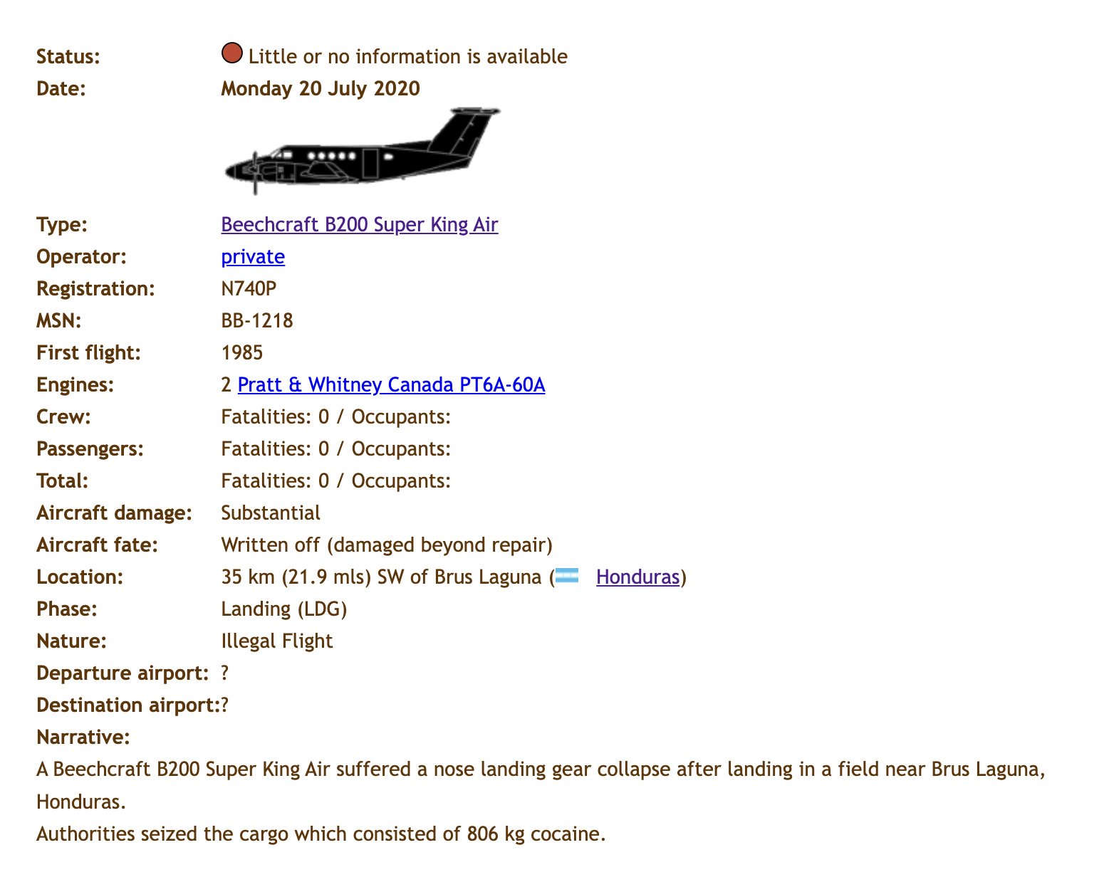  Documents identifying the plane carrying 806 kg of cocaine. 