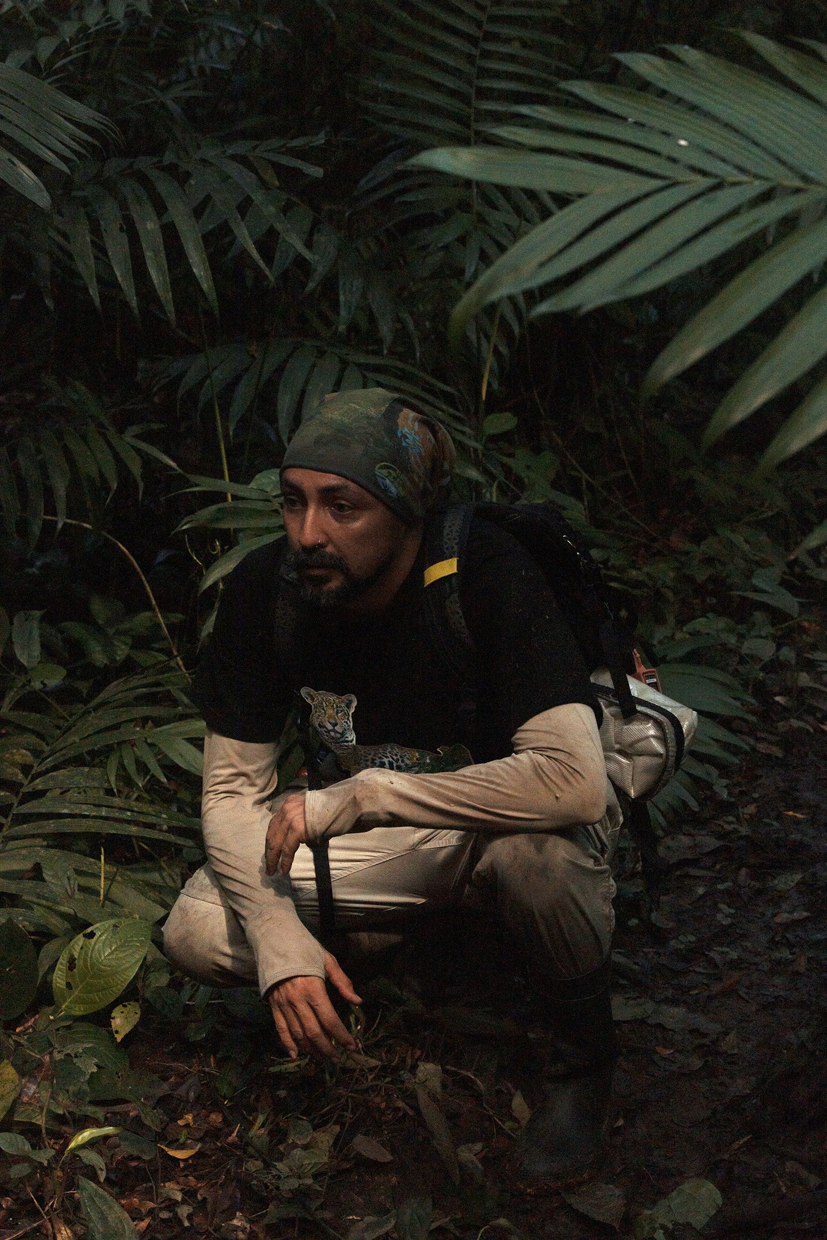  ICF's Biologist Marcio Martinez, 43 years old, checks a camera trap that will be used to monitor the jaguar population in the Río Plátano Biosphere Reserve. Olancho Department, Honduras.  Mr. Martinez lamented the lack of governmental and institutio