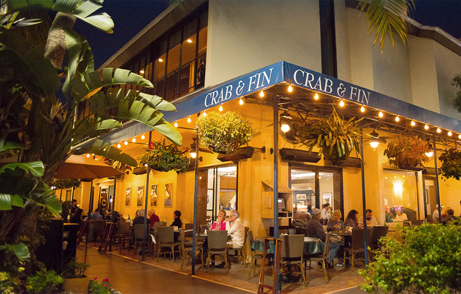Crab & Fin evening patio dining on St. Armands Circle.