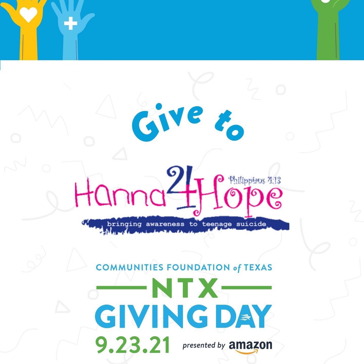 TODAY IS THE DAY! 

All across North Texas, people are donating to non-profits of their choice today, on North Texas Giving Day. #NTxGivingDay

We ask that you consider donating to Hanna4Hope as part of your North Texas Giving Day donation. 

Suicide