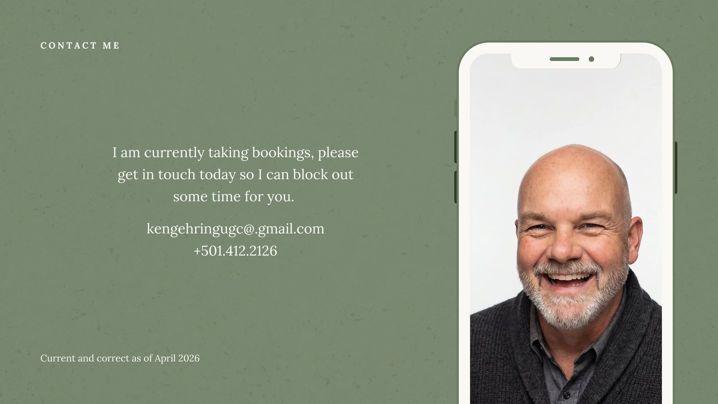 A contact page with a green background, featuring a smartphone image of a smiling, bald man with a beard, and contact information including an email address and phone number.