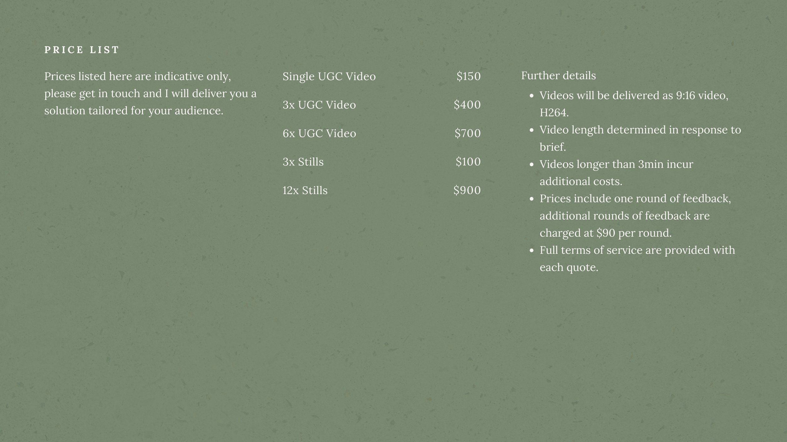 Green textured background with a price list for video production services, including options for single, 3x, 6x, 3x stills, and 12x stills videos, along with additional details and pricing.