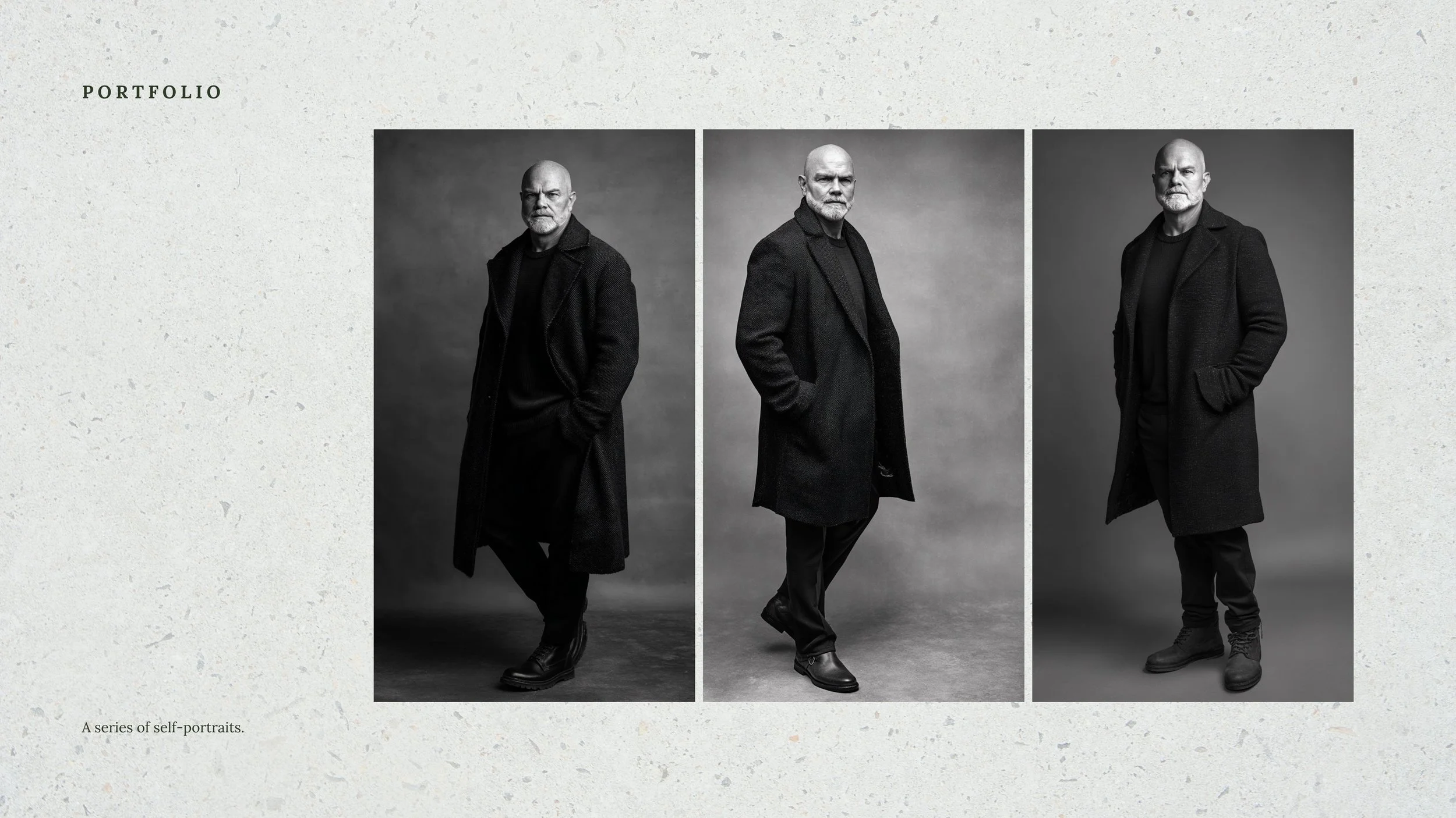 A series of black-and-white self-portraits of a bald, bearded man wearing a dark coat and black shoes, standing in different poses against a plain background.