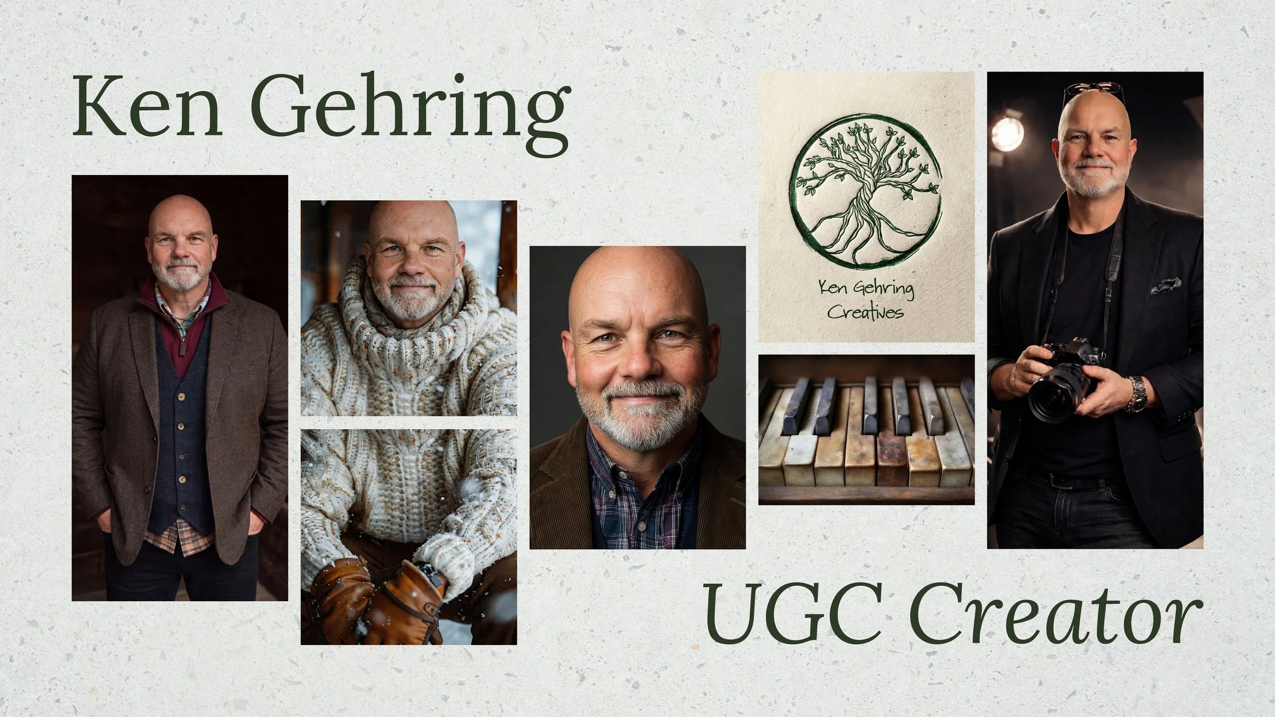 Collage of photos of Ken Gehring, a man with a beard and bald head, in various settings including outdoor in winter and indoor with a camera, along with a drawing of a tree and the text 'Ken Gehring Creatives' and 'UGC Creator'.