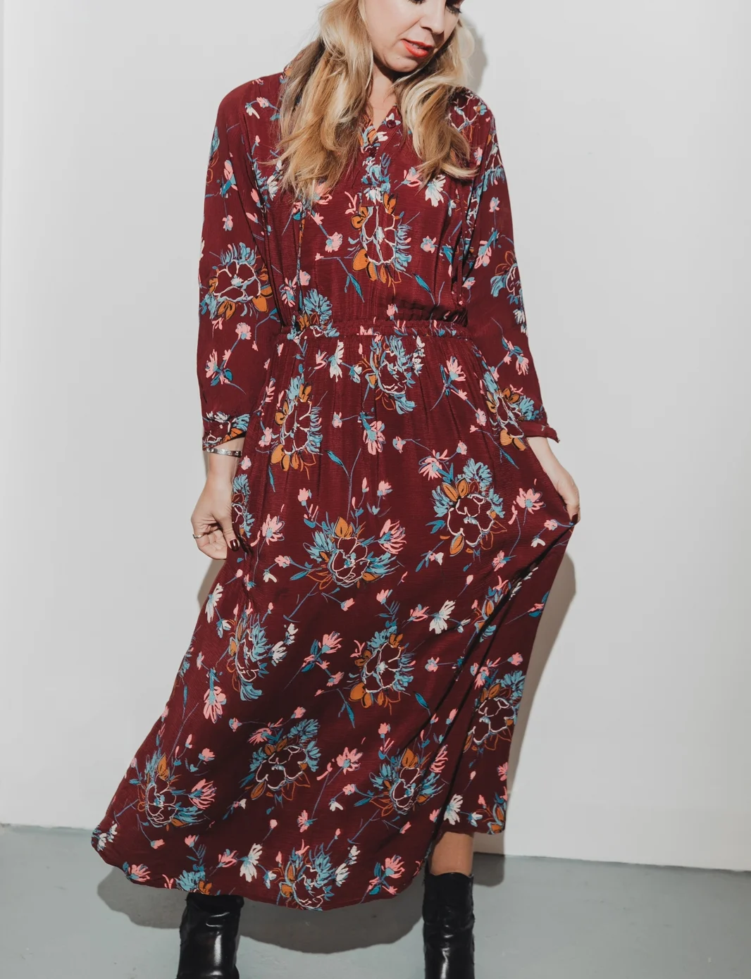 French 1970's claret print dress