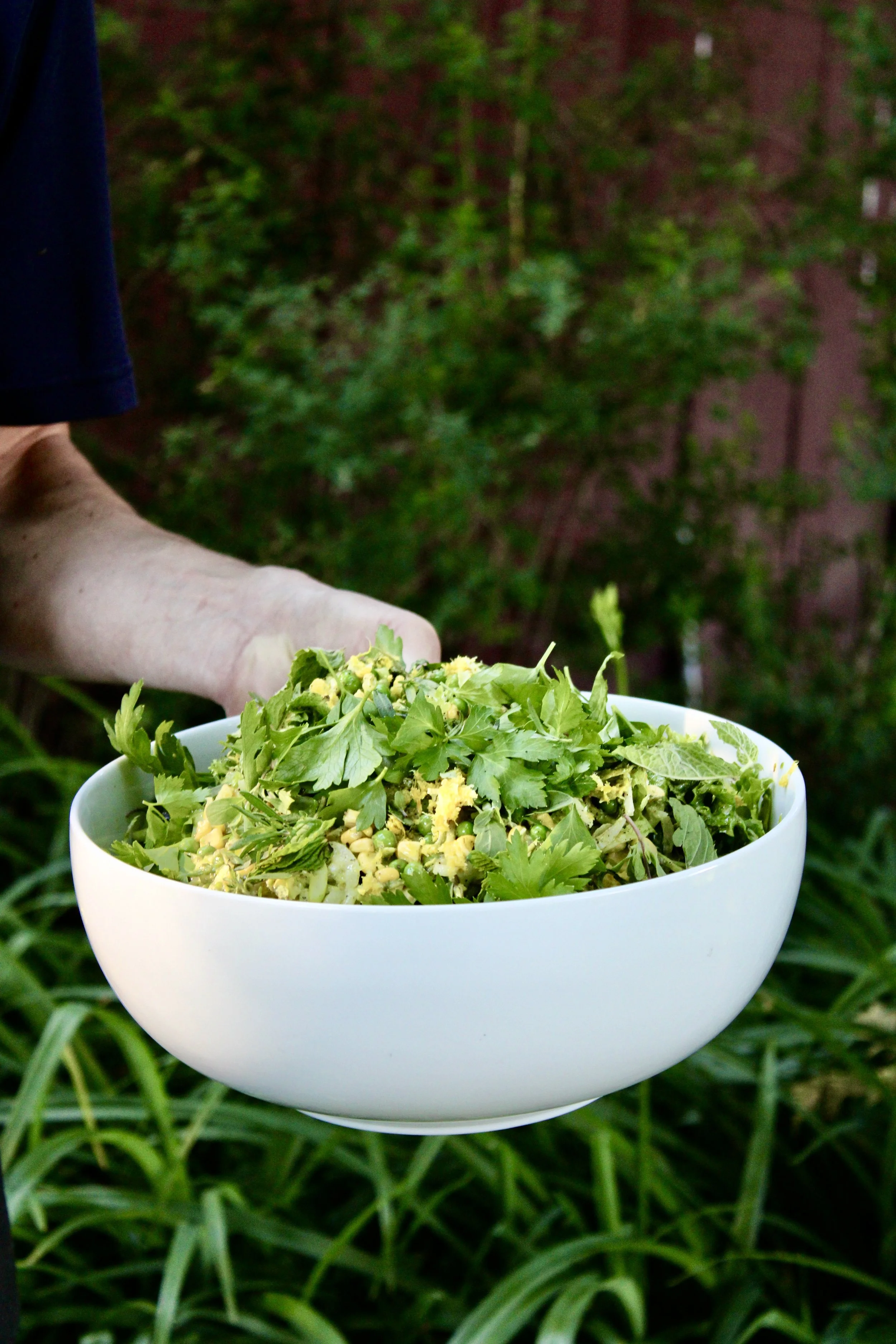 A person holding a white bowl filled with a fresh homemade salad, with a background of green foliage.