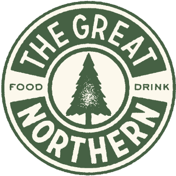 A circular logo with a pine tree in the center, and the text 'The Great Northern' around it, along with words 'Food' and 'Drink' on the sides.