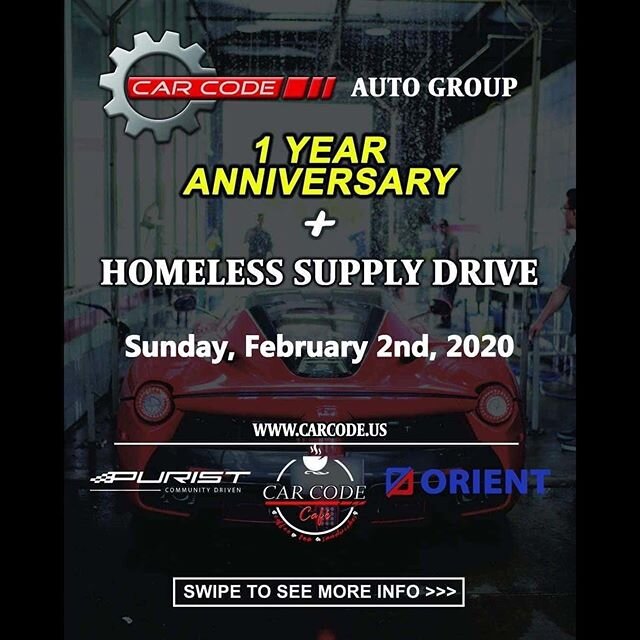 MARK YOUR CALENDARS!

Please join us for our 1 Year Anniversary Event x Homeless Supply Drive x @carcodecafe Grand Opening 🎉🎉 #carcode #carcodeautogroup #carcodeteam #carcodecafe #orientindustries #charity #puristgroup #purist #automotive #carcommu
