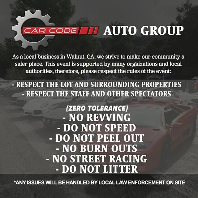 5 DAYS LEFT UNTIL OUR EVENT! Car Code&rsquo;s 1 Year Anniversary X Homeless Shelter Supply Drive X Cafe Official Launch. ..... We wanted to post a friendly reminder for this Sunday&rsquo;s Event. Please respect the rules as they are made for everyone