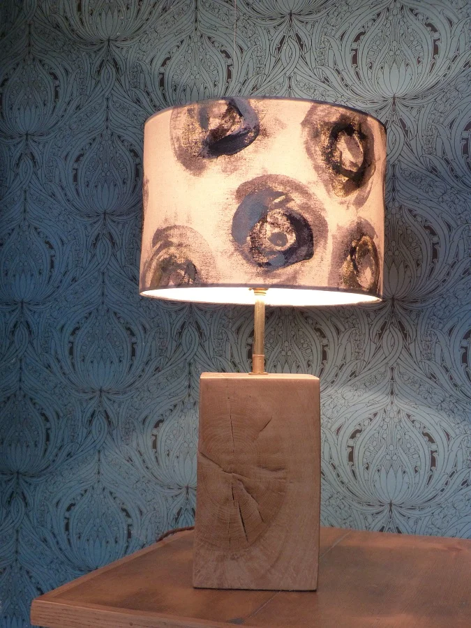 Green oak lamp base with hand painted shade.JPG