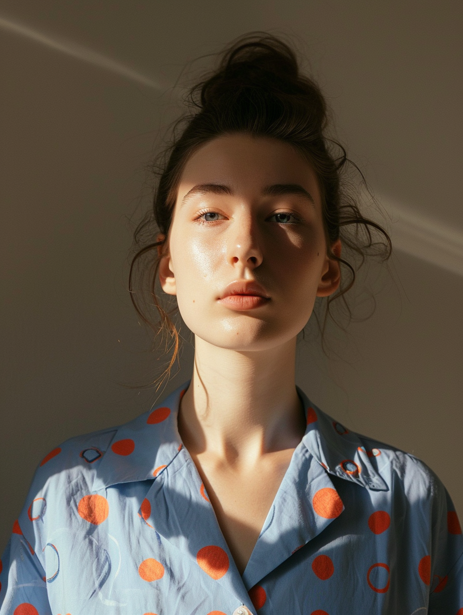 aaldere1_a_woman_wearing_a_blue_shirt_with_blue_and_red_circles_df324282-b8c0-44cd-a579-5e1ebf85b169.png