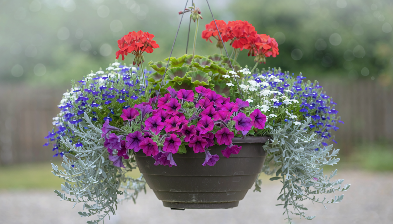 Firefly_ Mixed Annual Basket ( Red geranium, blue and white Lobelia, Dichondra, Wave petunia  218227.png