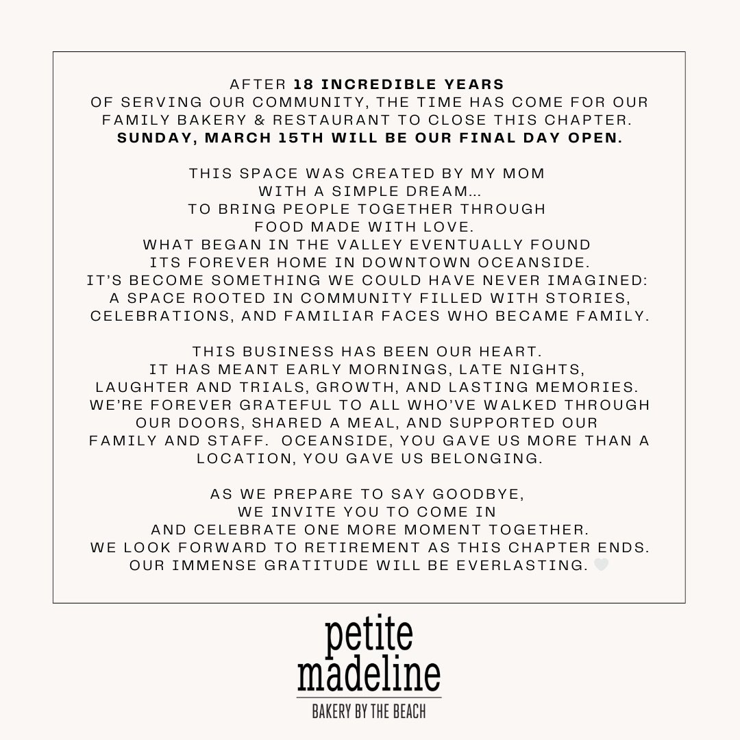 After 18 incredible years of serving our community, the time has come for our Family Bakery &amp; Restaurant to close this chapter.  Sunday, March 15th will be our final day open.

This space was created by my Mom with a simple dream&hellip;. To brin