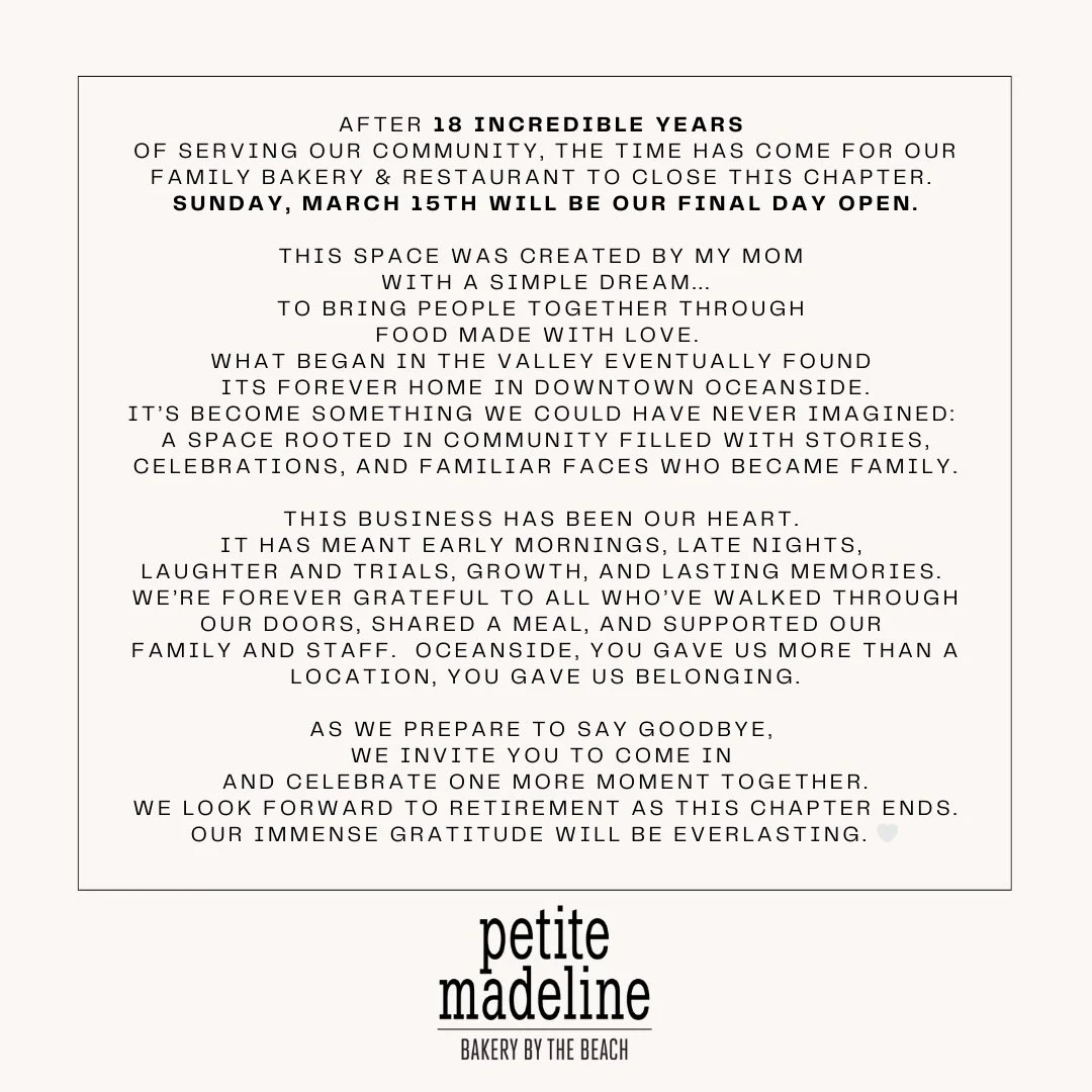 After 18 incredible years of serving our community, the time has come for our Family Bakery &amp; Restaurant to close this chapter.  Sunday, March 15th will be our final day open.

This space was created by my Mom with a simple dream&hellip;. To brin