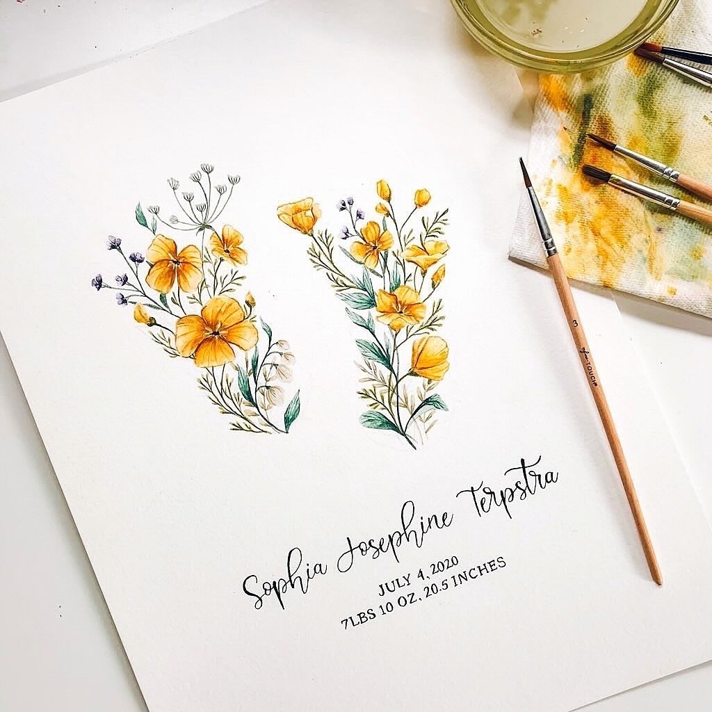 To this very day, one of my absolute favourite ways to honour a mother with my gift is painting her a set or baby footprints.

These custom paintings that I offer are made-to-order, personalized for you and your little one. The flowers inside the foo