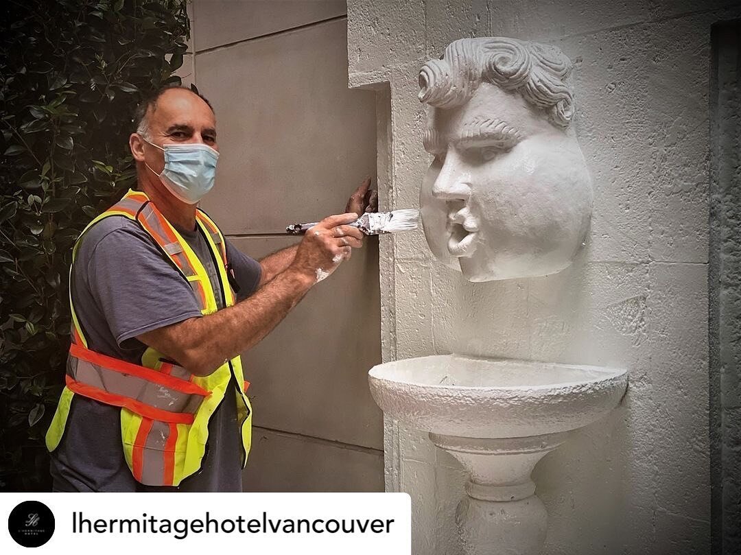 You might recognize this iconic custom fountain outside L&rsquo;Hermitage Vancouver by Masana Stone. Our installer Louis has been working on getting this piece in tip top condition to welcome back guests 🙌🏼

 Repost from @lhermitagehotelvancouver 
