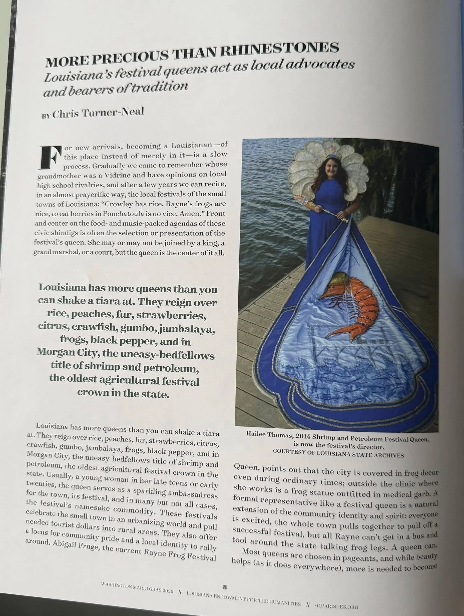 During Washington D.C. Mardi Gras a special edition of 64 Parishes Magazine is distributed to guests of the Washington Hilton! In that edition there was an article surrounding festival queens and the role they play in our rich tradition! Festival Exe