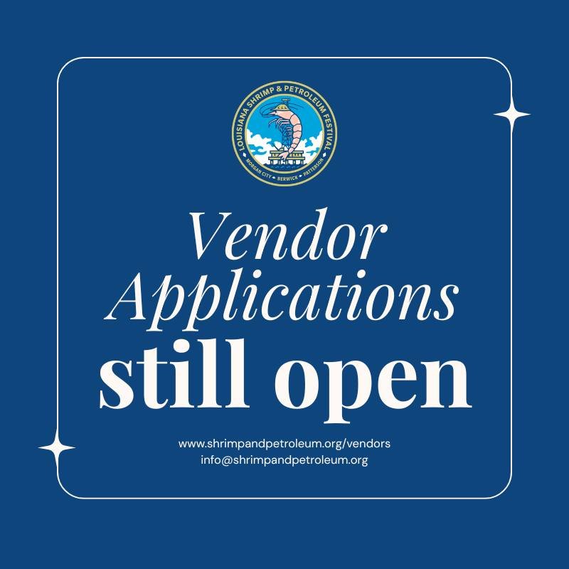 There&rsquo;s still time to join us! 🦐

Vendor applications for the Louisiana Shrimp &amp; Petroleum Festival remain open, but availability is limited and filling quickly.

Visit our website to apply today!! #LASPF91