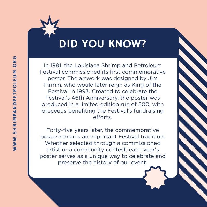 Did you know our commemorative poster tradition began in 1981?

For 45 years, Festival posters have captured the spirit of each celebration while becoming treasured pieces of Louisiana Shrimp and Petroleum Festival history! 

#LASPF91