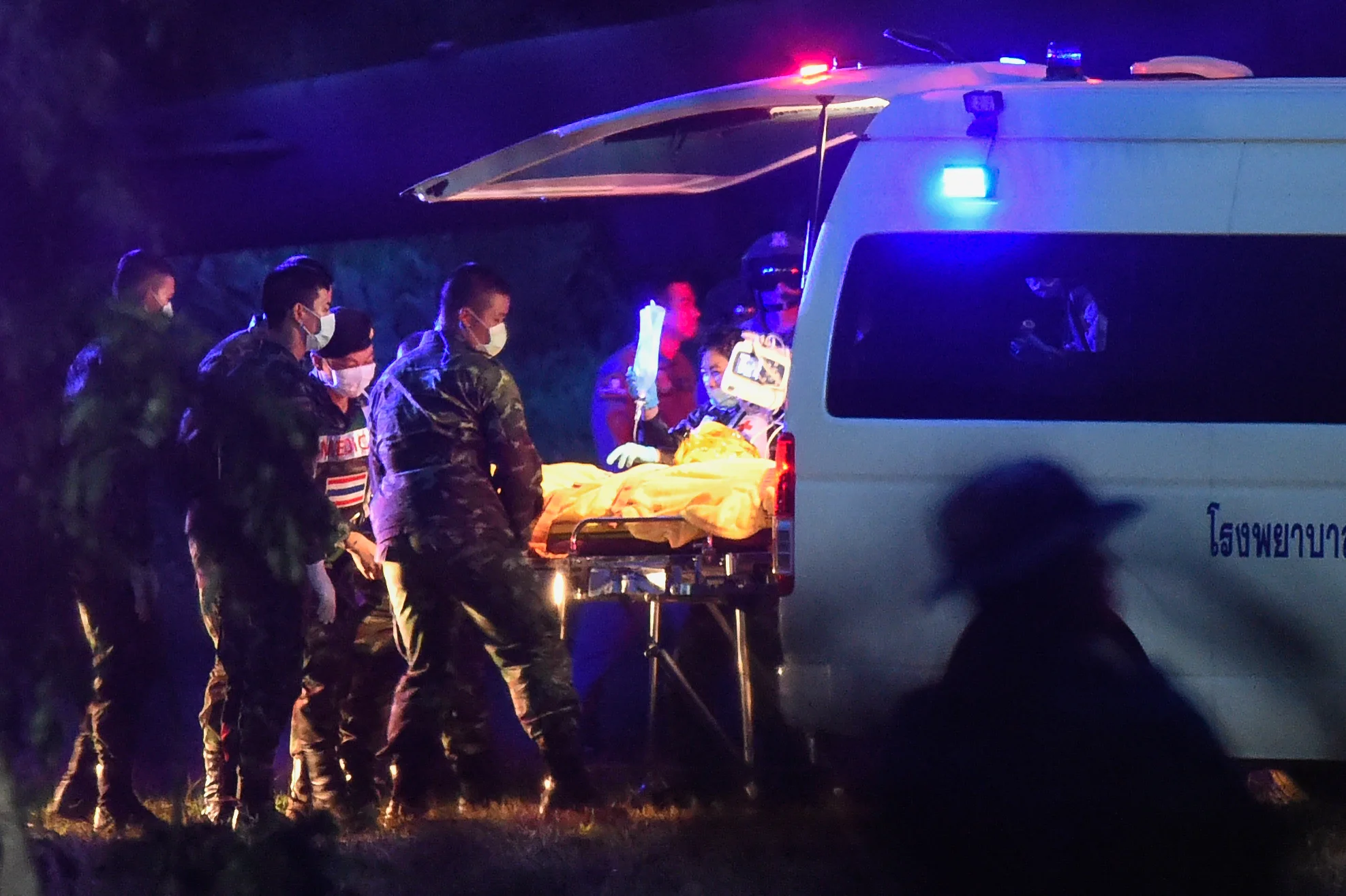 The sixth Wild Boar schoolboy being transferred to a Thai Military helicopter after being rescued from the Tham Luang Cave in the Tham Luang Forest Park near Mae Sai, Thailand on July 09 2018. 