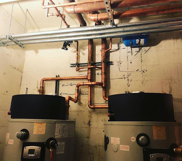 Installed 2-100 Gallon water heater for a 28 unit apartment complex. During this project we brought a 3&rdquo; water line into the water heater and back out to 2 separate hot water lines to heat separate sides of the building. This build included a r