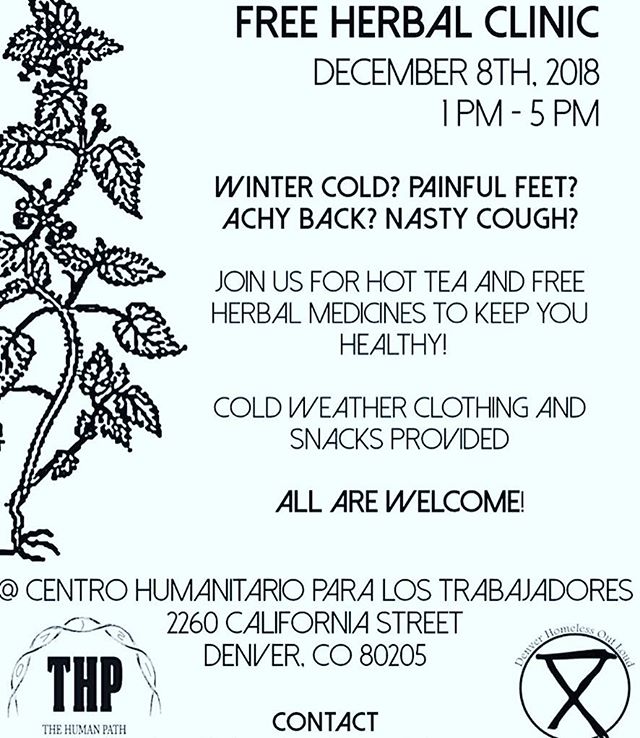 our friend @helwyly is offering free medicines on Dec 8 from 1-5p @ @denverhomelessoutloud :::free herbal clinic::: by herbal medic students of @thehumanpath // they&rsquo;re accepting donations of warm clothing and other winter essentials + sleeping