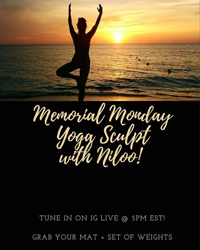 Y O G A 🧘🏻&zwj;♀️ S C U L P T 💦 with me on IG LIVE tomorrow, Memorial Day, at 5pm EST (2pm PST) TOTAL BODY w/slight focus on BOOTY bc, duh.
.
All you need is a mat (or just be on carpet) + a set of 2lb-10lb weights/can use cans or water bottles to