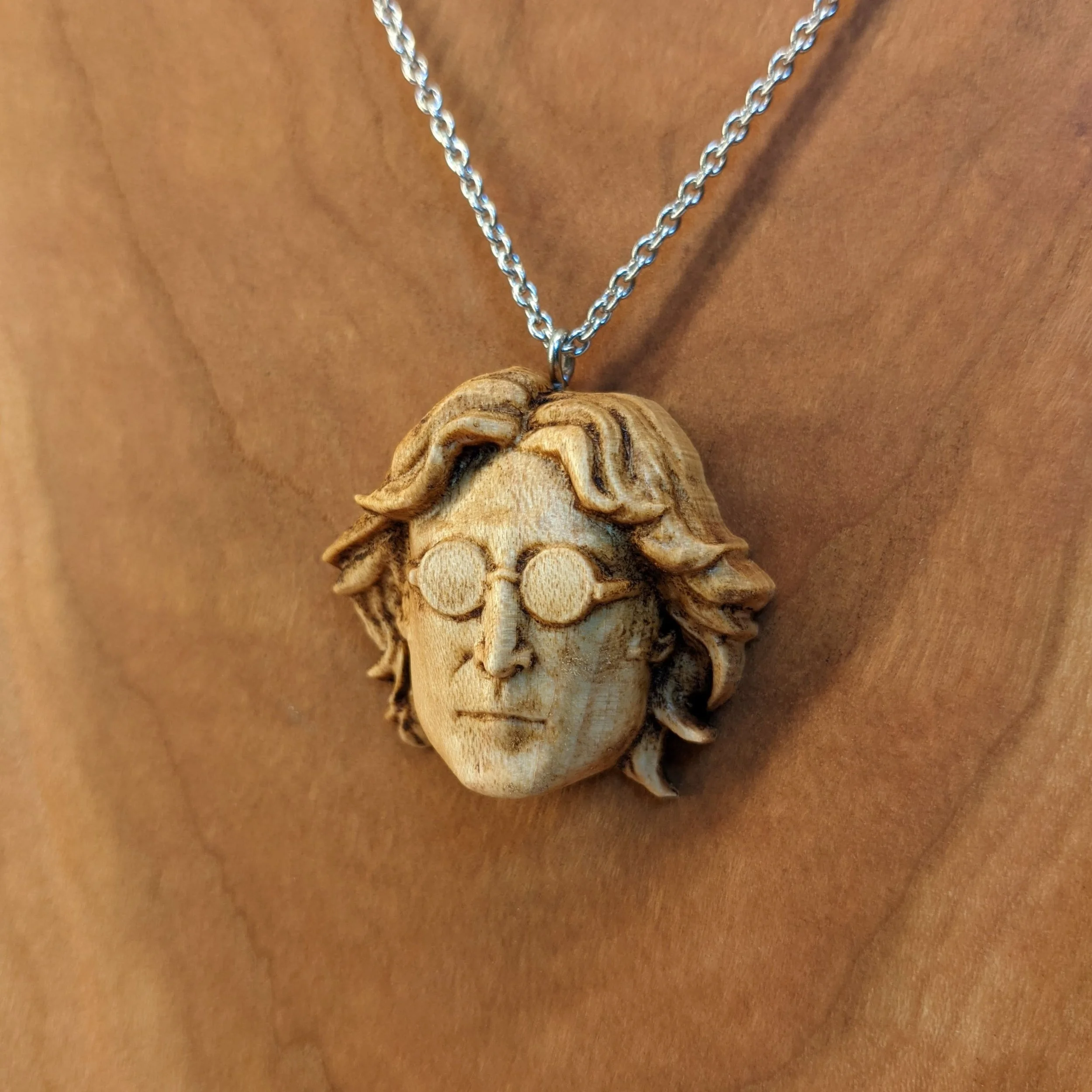 Carved Wood John Lennon Necklace — DAVIDSON