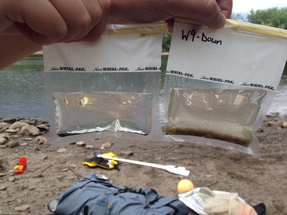 River water sampled for microplastics downstream (left) and upstream (right) of discharge points for waste water treatment plants.