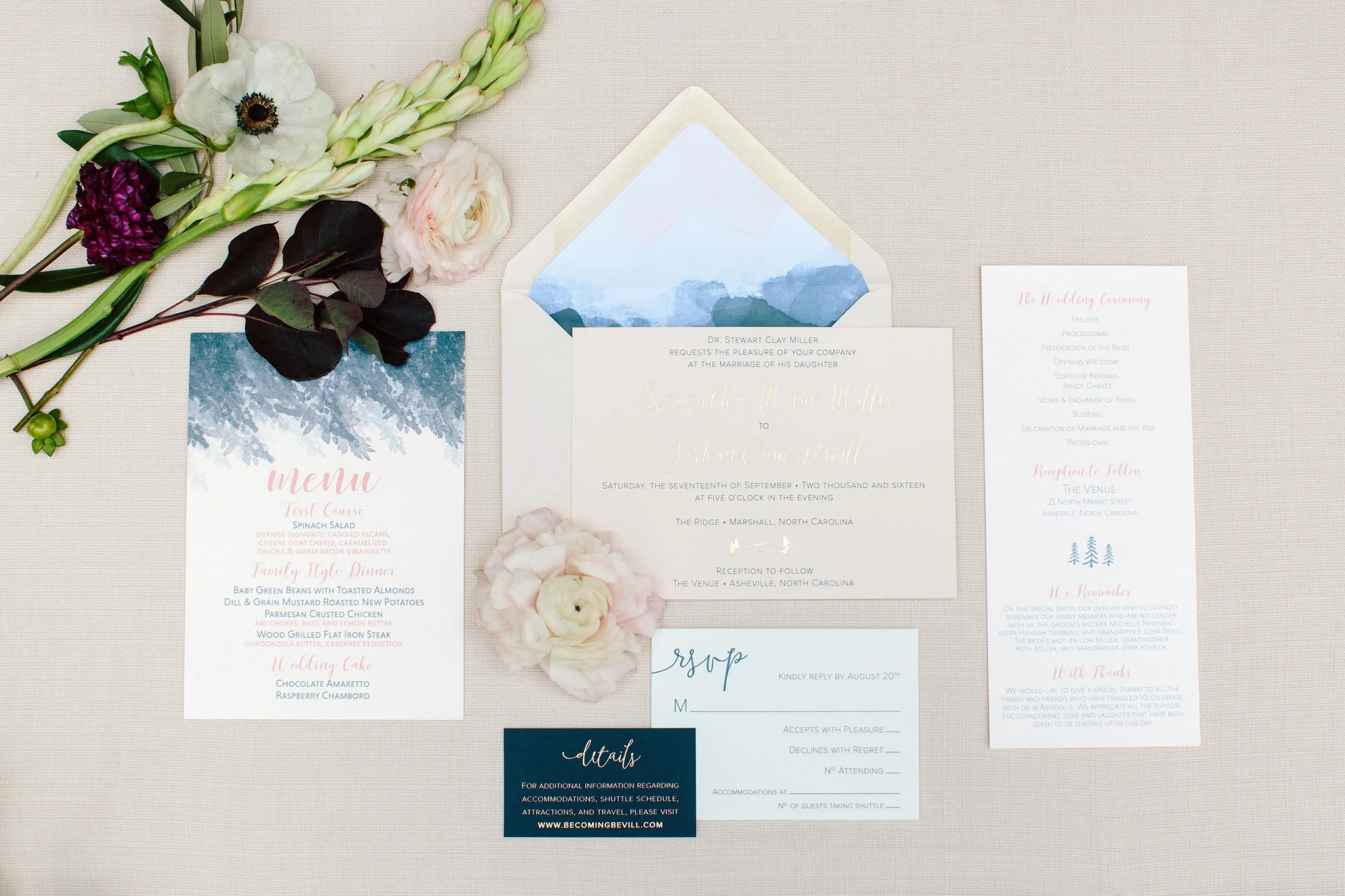 samantha & josh's menus & ceremony programs