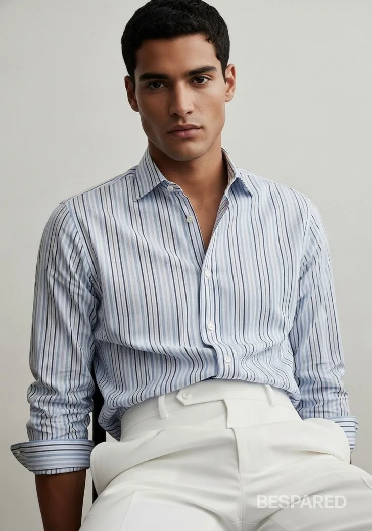 Men's Multi-Stripe Shirt with High-Waist White Trousers _ BESPARED.jpeg