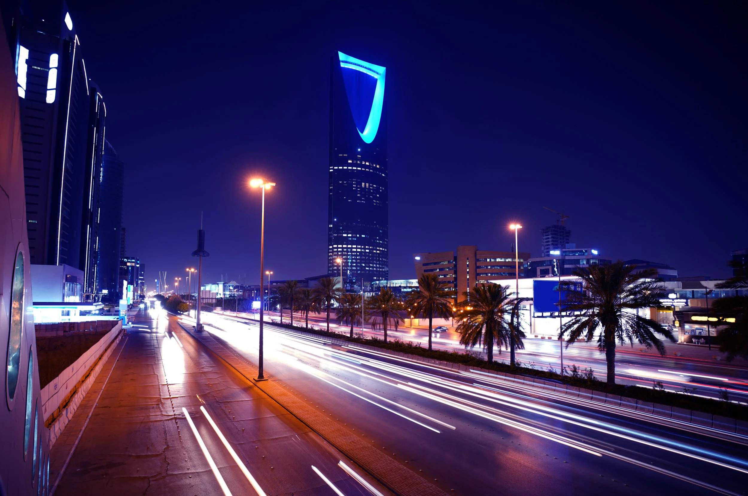 Road with large buildings on either side