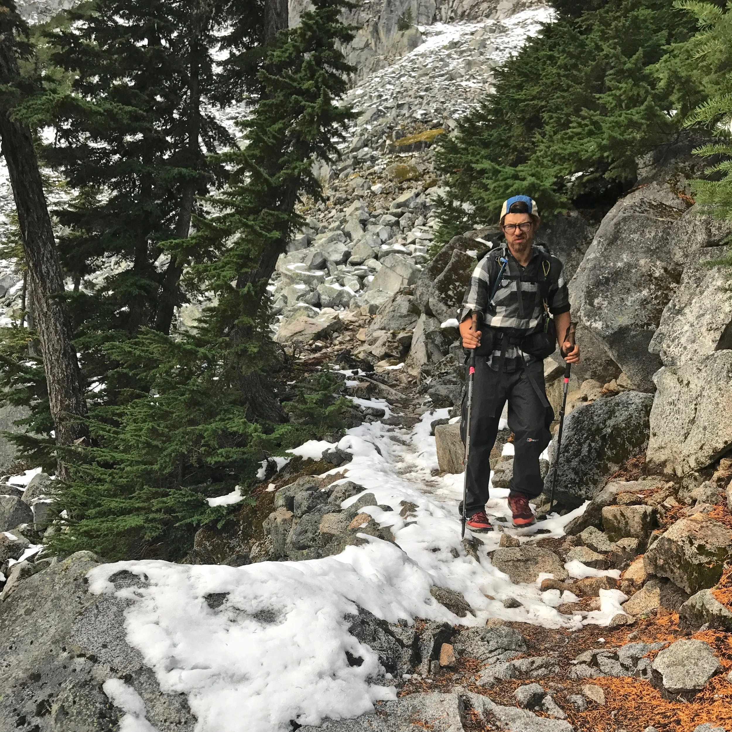 Mood walking down the slippery sloppery Piper’s Pass