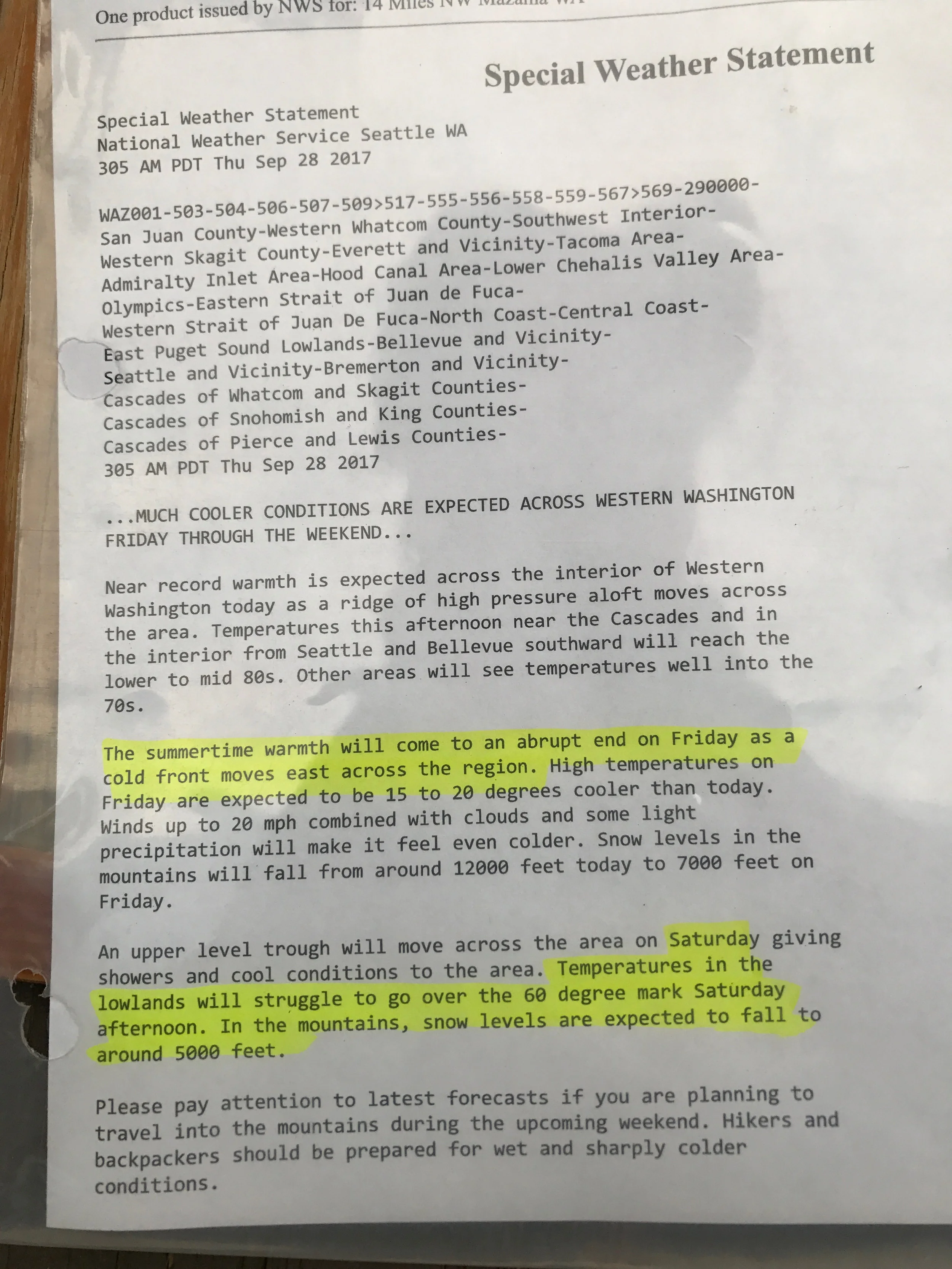 Warnings on warnings on warnings from the Stehekin ranger station