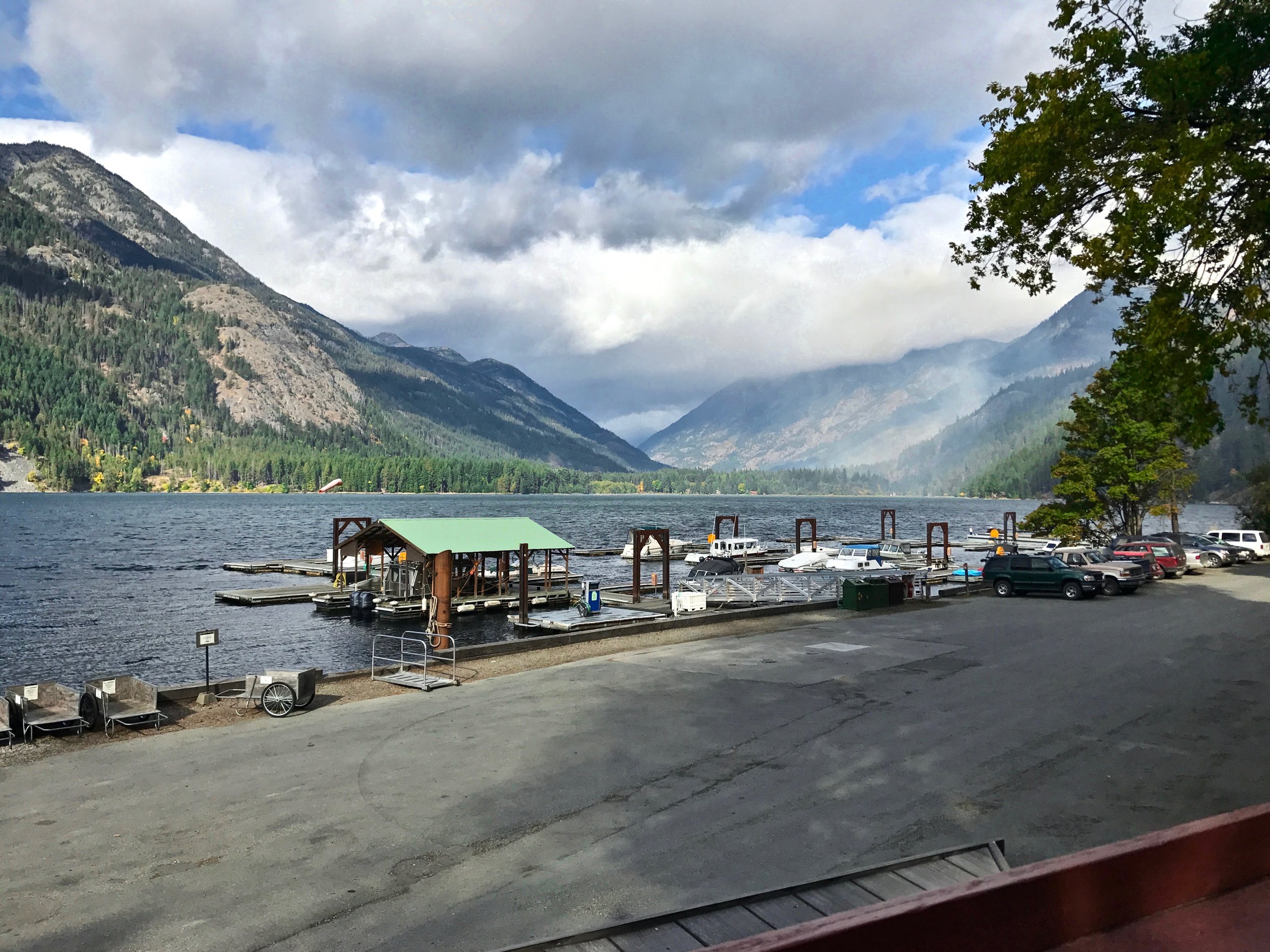 Sunny in Stehekin, dark clouds and rain falling 10 miles off near the trailhead.