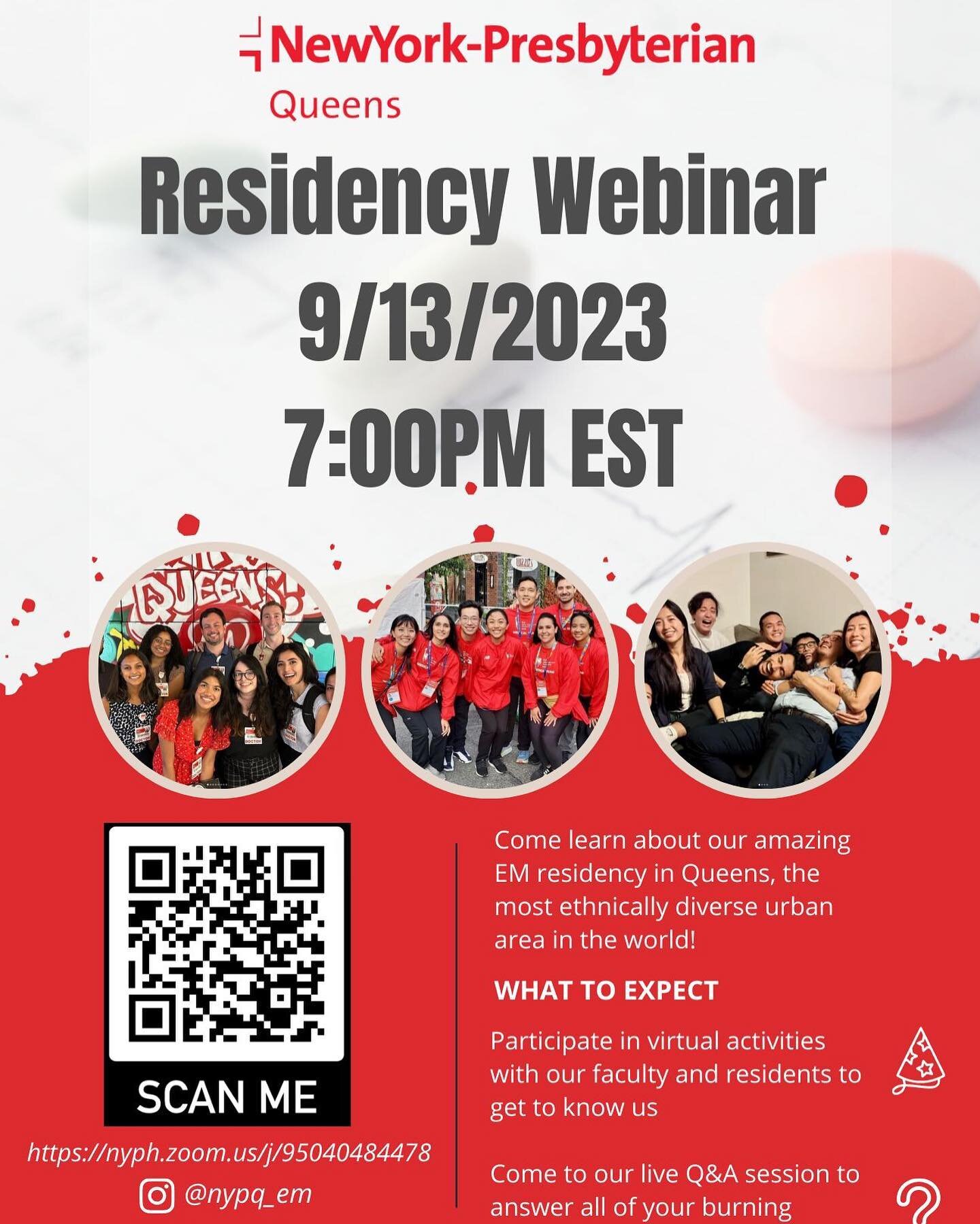SAVE THE DATE! Come join us at our residency webinar 9/13/2023 at 7:00 PM. Meet the residents and faculty to get to know us and learn about why we love NYPQ ❤️