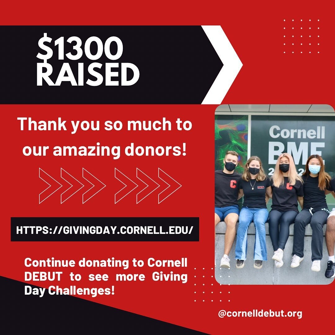Thank you so much our fantastic donors! Cornell DEBUT has raised over $1,300 so far, we are so proud to have such a caring and supportive community! More challenges will be posted 🔜