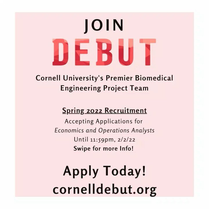 SPRING RECRUITMENT TIME!!🥳🎉🎊 ECON AND OPS ANALYSTS: NOW IS YOUR CHANCE TO APPLY!! Come to our info session on January 28th at 5pm, on zoom! More details to follow. Applications are due at 11:59 on February 2nd. JOIN DEBUT!&hearts;️🧫🧬🔬🥼&hearts;