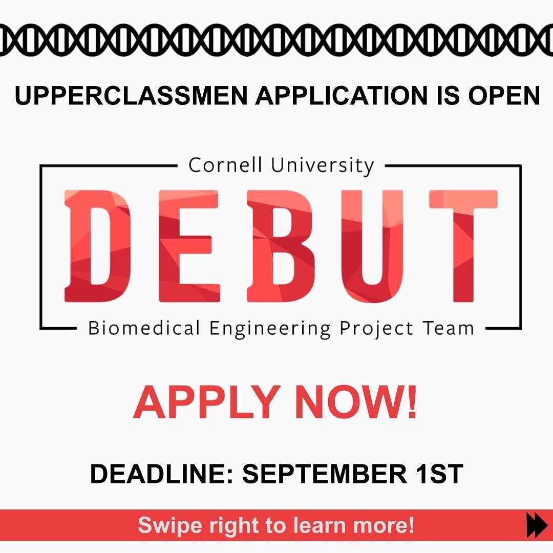 HELLLOOOO EVERYONE!!! YOU KNOW WHAT TIME IT IS: RECRUITMENT TIME👨🏻&zwj;🔬🧑🏽&zwj;🔬🥼🧬

Cornell DEBUT Fall Upperclassmen application is open now and due on September 1st! All sophomores, juniors and seniors: APPLY NOW!!! We can&rsquo;t wait to re