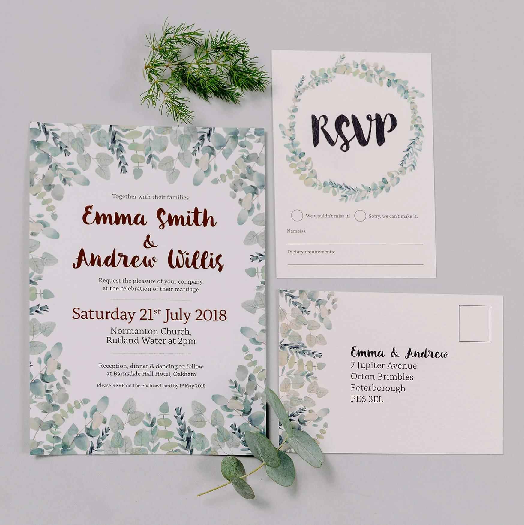 Rustic Green & White Eucalyptus Wedding Invitation With Copper Digital Foil & RSVP Card